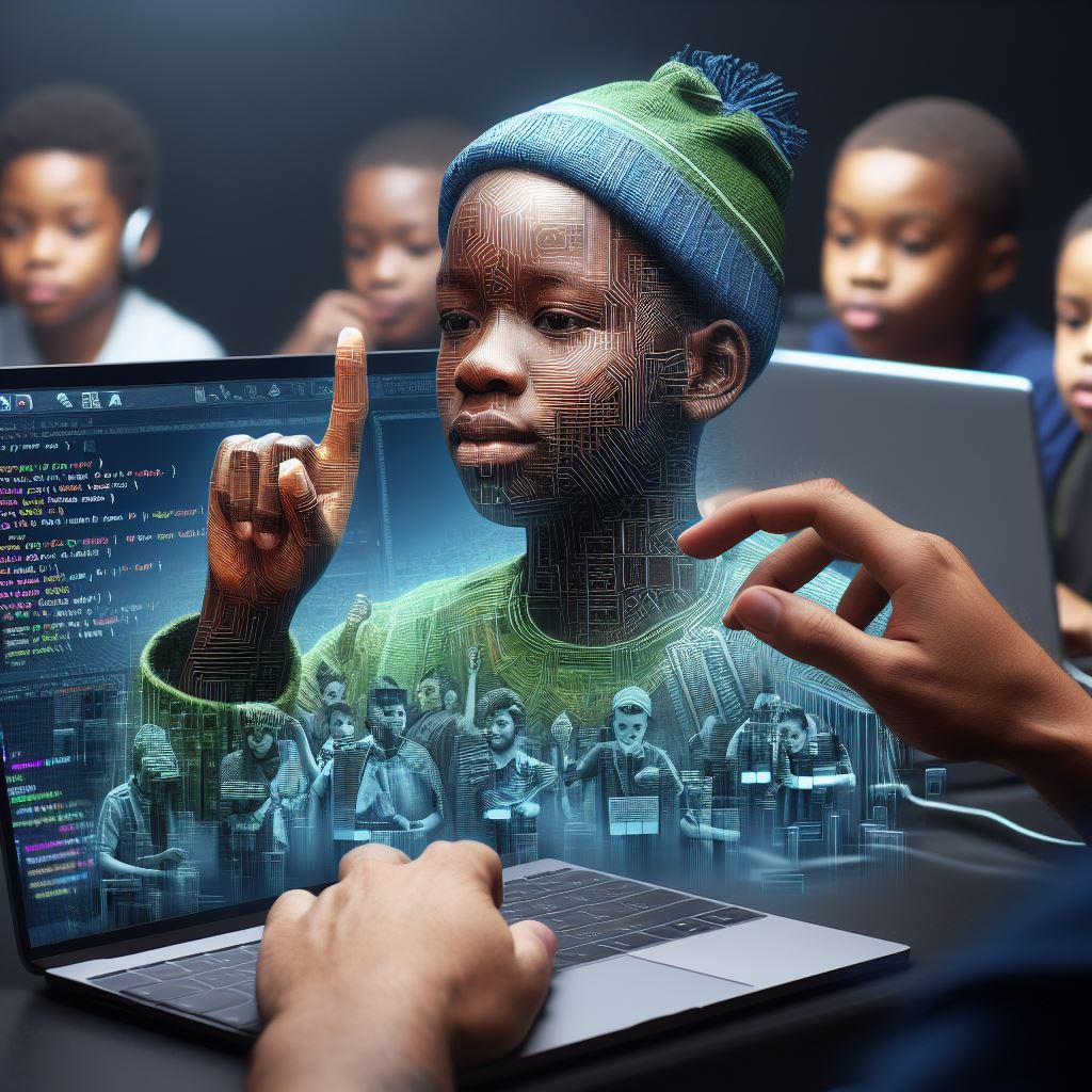 using real human faces give me imaages of nigerians learning to code with a laptop